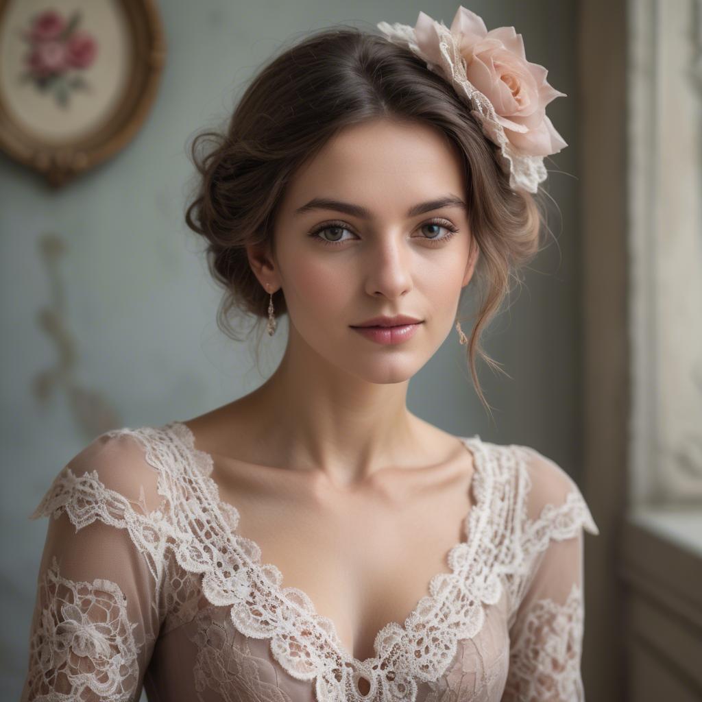 A stunning image of french woman in romantic lace settings.
