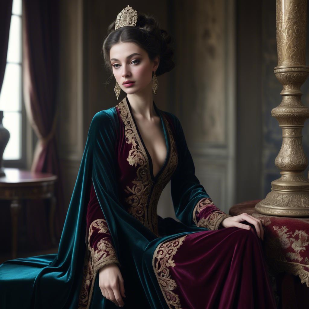 A stunning image of georgian enchantress draped in sumptuous velvet reflecting a blend of east and west.