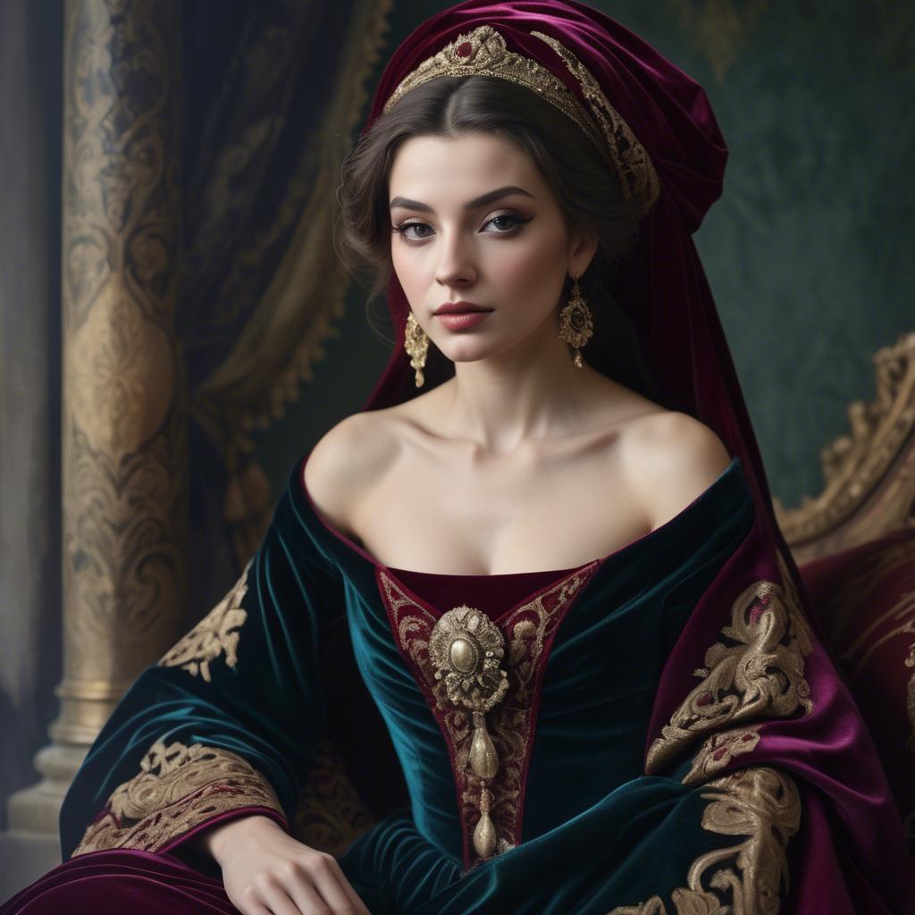 A stunning image of georgian enchantress draped in sumptuous velvet reflecting a blend of east and west.