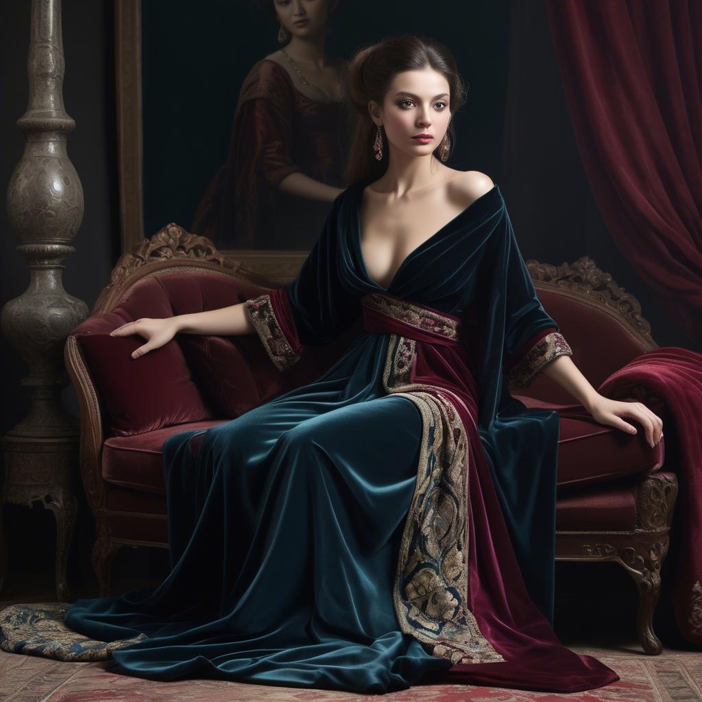 A stunning image of georgian enchantress draped in sumptuous velvet reflecting a blend of east and west.