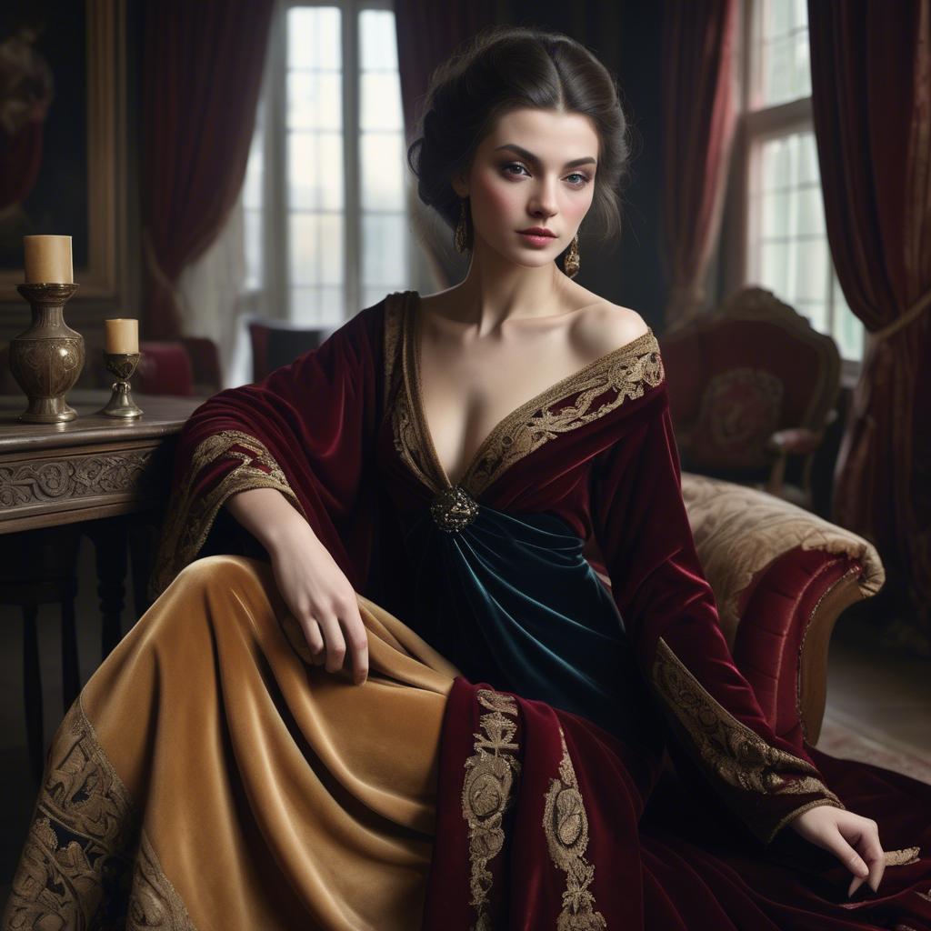 A stunning image of georgian enchantress draped in sumptuous velvet reflecting a blend of east and west.
