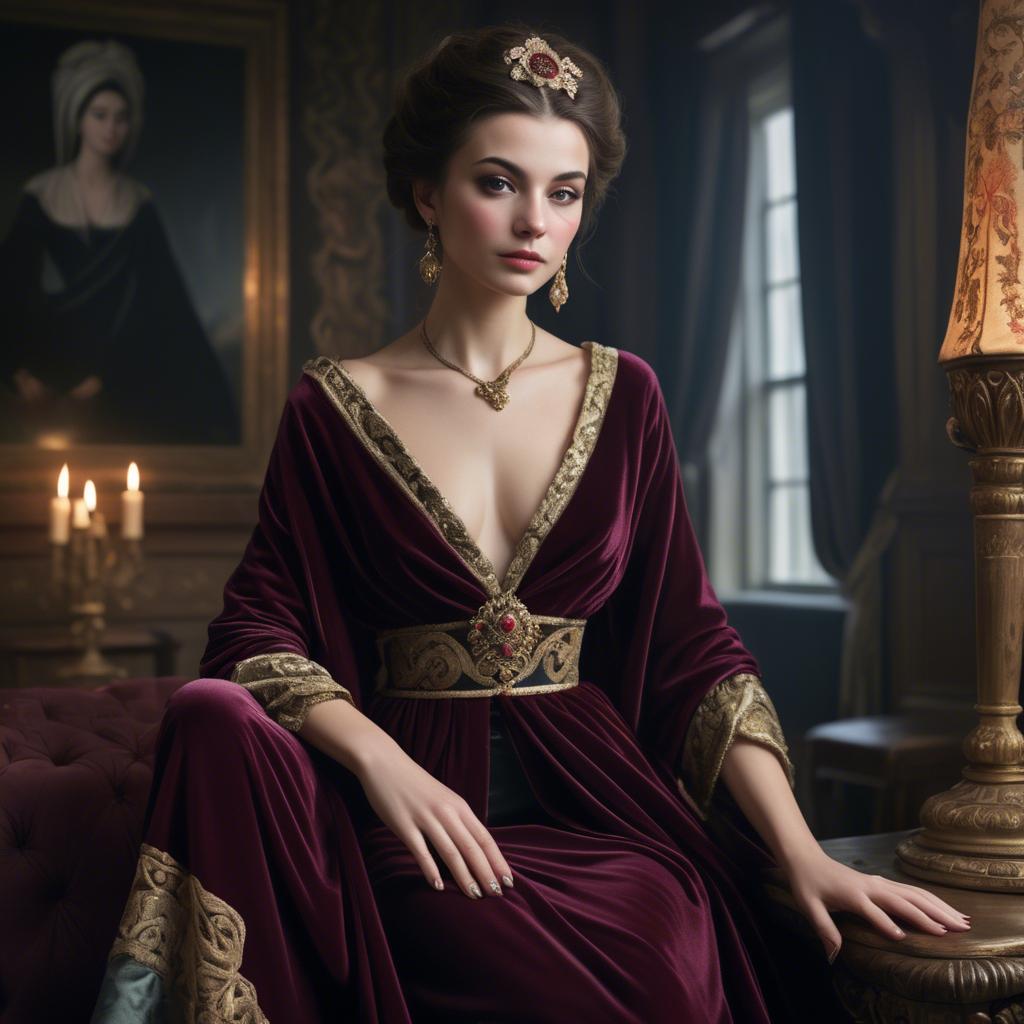 A stunning image of georgian enchantress draped in sumptuous velvet reflecting a blend of east and west.