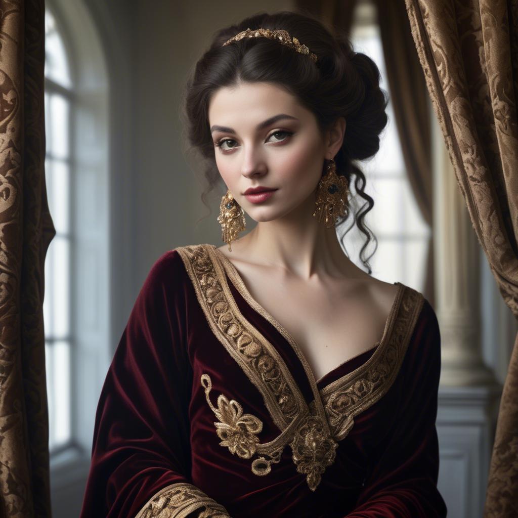 A stunning image of georgian enchantress draped in sumptuous velvet reflecting a blend of east and west.