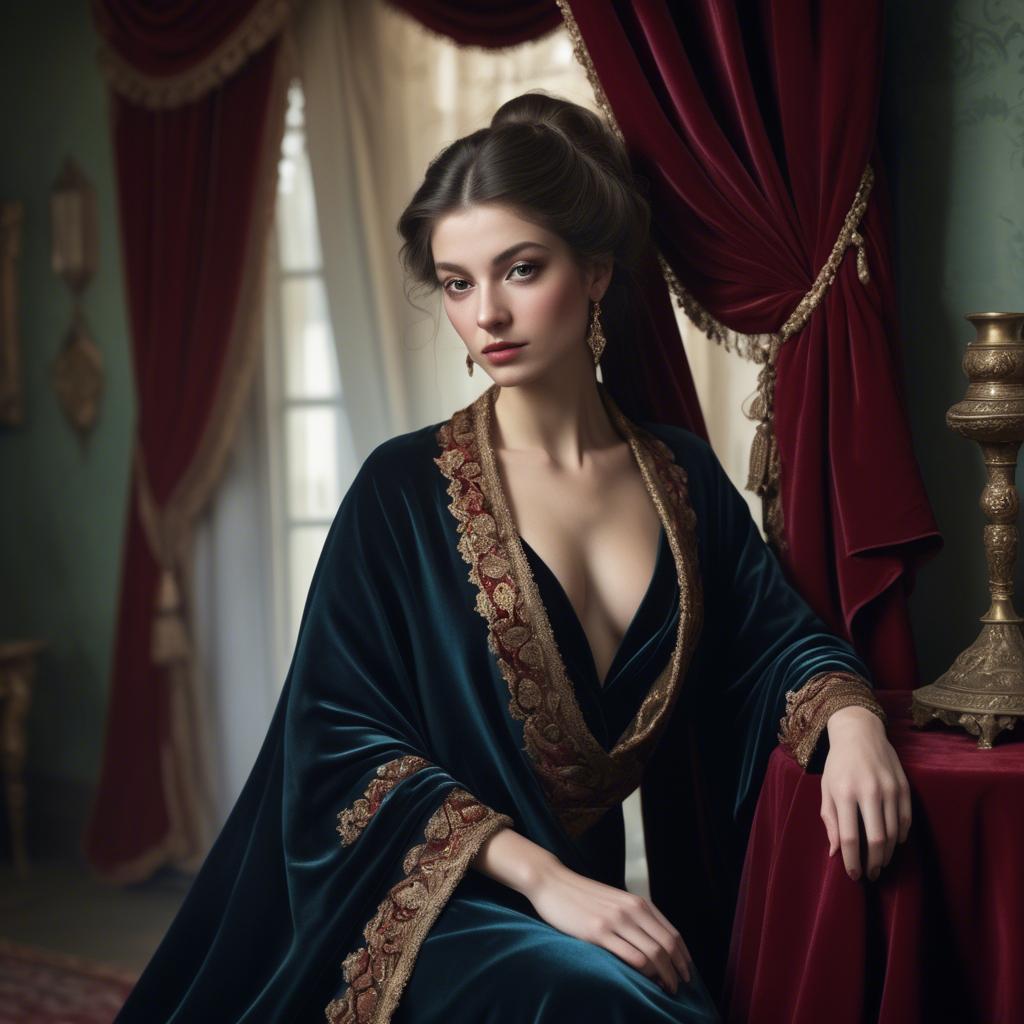 A stunning image of georgian enchantress draped in sumptuous velvet reflecting a blend of east and west.