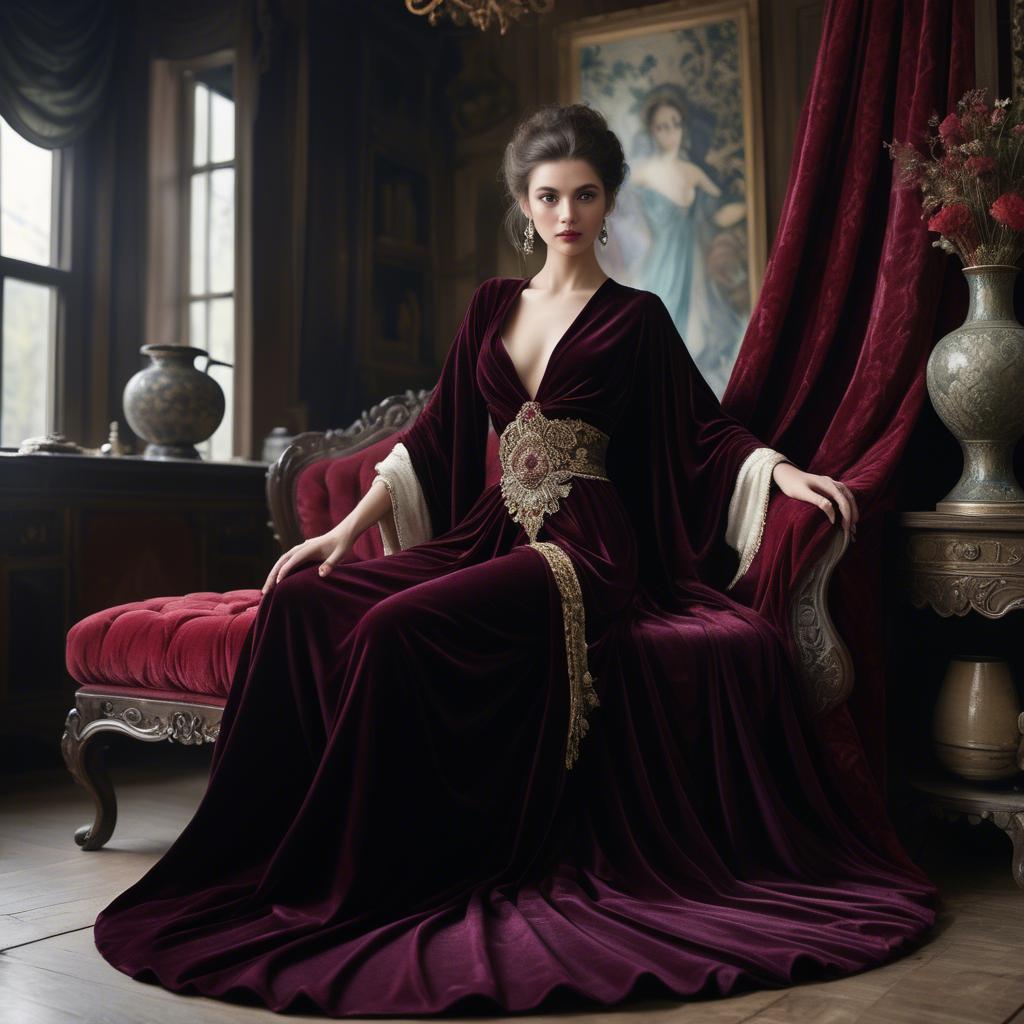 A stunning image of georgian enchantress draped in sumptuous velvet reflecting a blend of east and west.