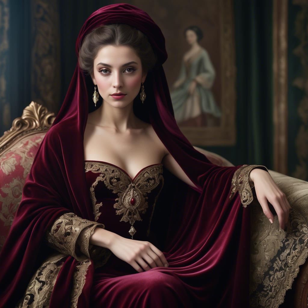 A stunning image of georgian enchantress draped in sumptuous velvet reflecting a blend of east and west.