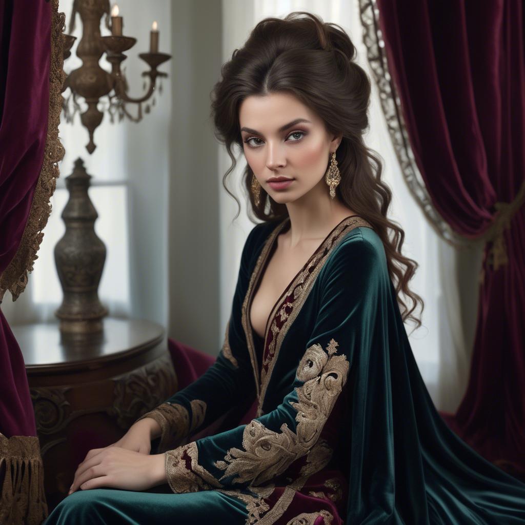 A stunning image of georgian enchantress draped in sumptuous velvet reflecting a blend of east and west.