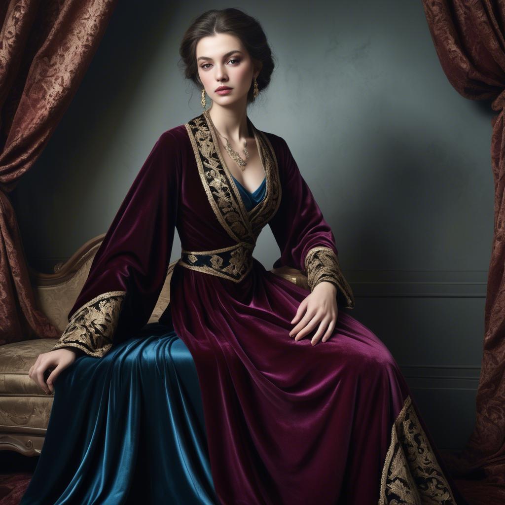 A stunning image of georgian enchantress draped in sumptuous velvet reflecting a blend of east and west.
