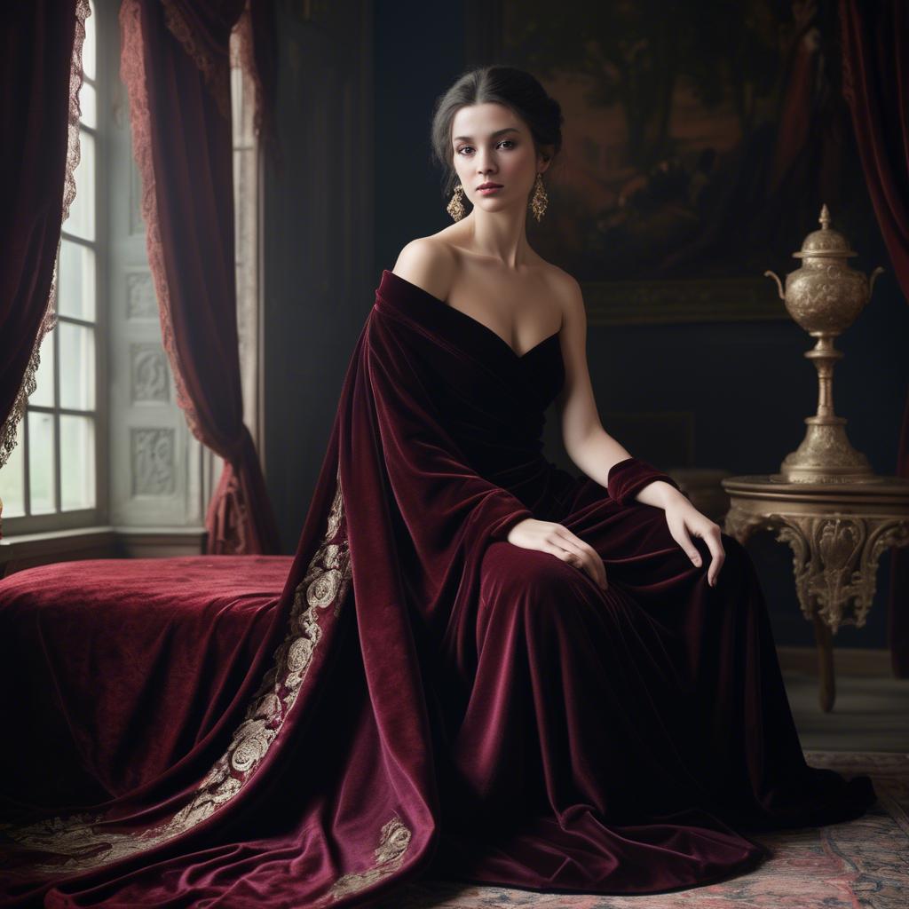 A stunning image of georgian enchantress draped in sumptuous velvet reflecting a blend of east and west.