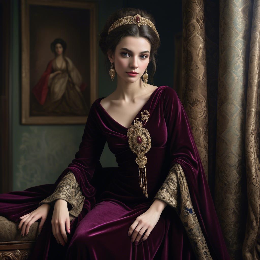 A stunning image of georgian enchantress draped in sumptuous velvet reflecting a blend of east and west.