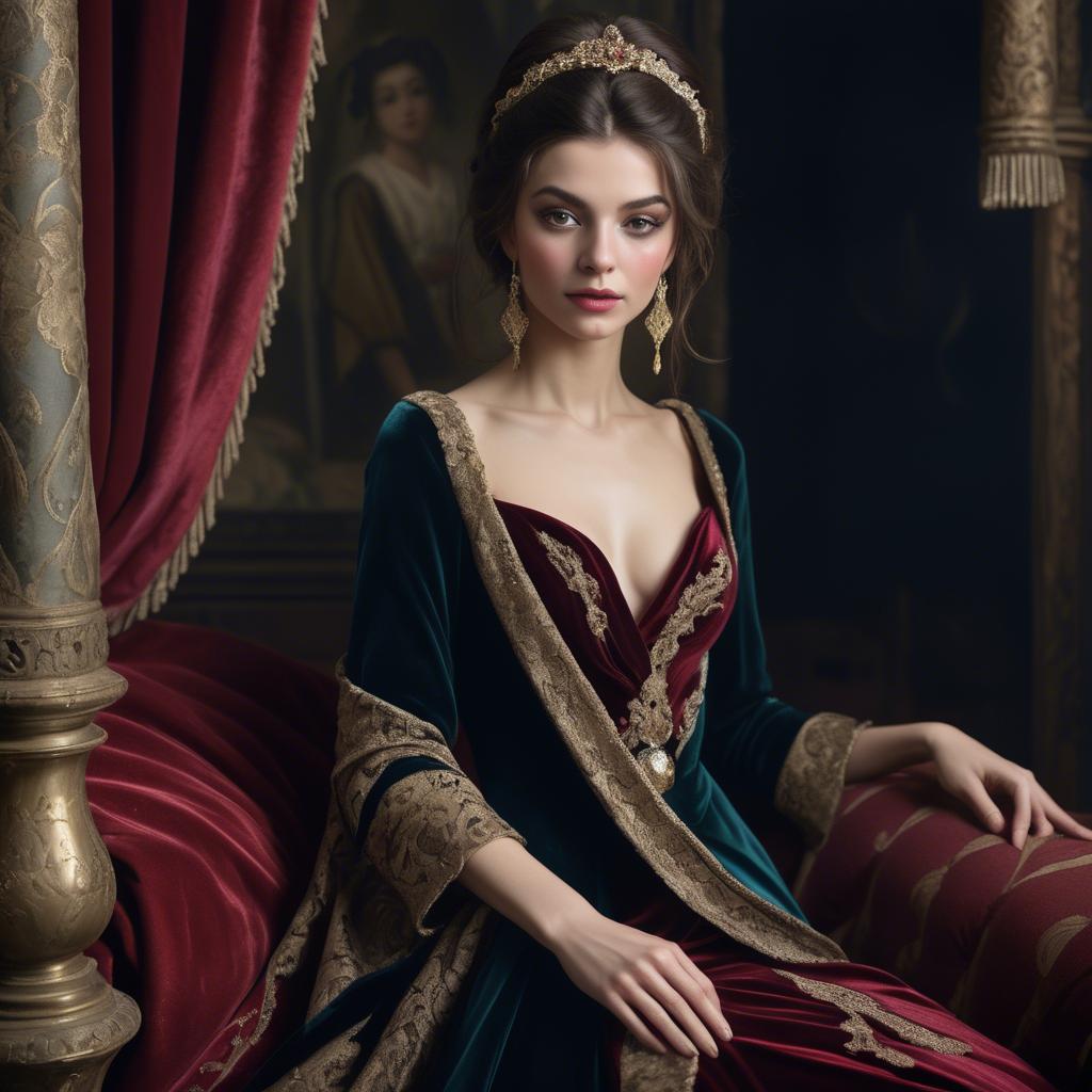 A stunning image of georgian enchantress draped in sumptuous velvet reflecting a blend of east and west.