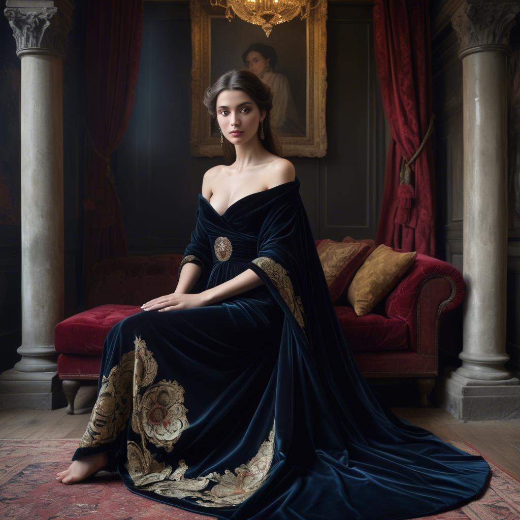 A stunning image of georgian enchantress draped in sumptuous velvet reflecting a blend of east and west.