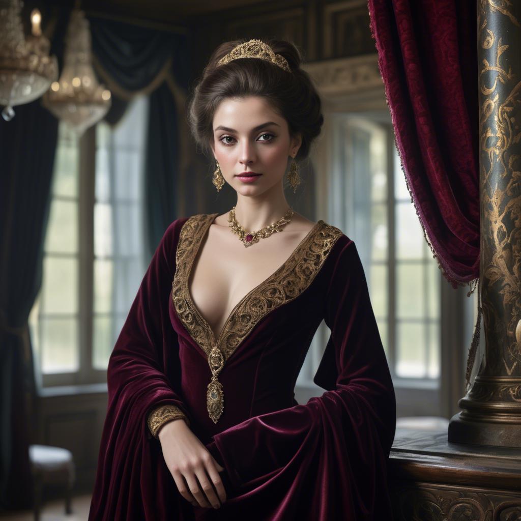 A stunning image of georgian enchantress draped in sumptuous velvet reflecting a blend of east and west.