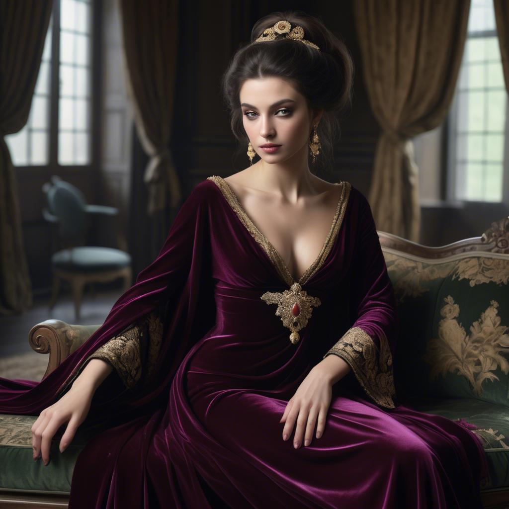 A stunning image of georgian enchantress draped in sumptuous velvet reflecting a blend of east and west.