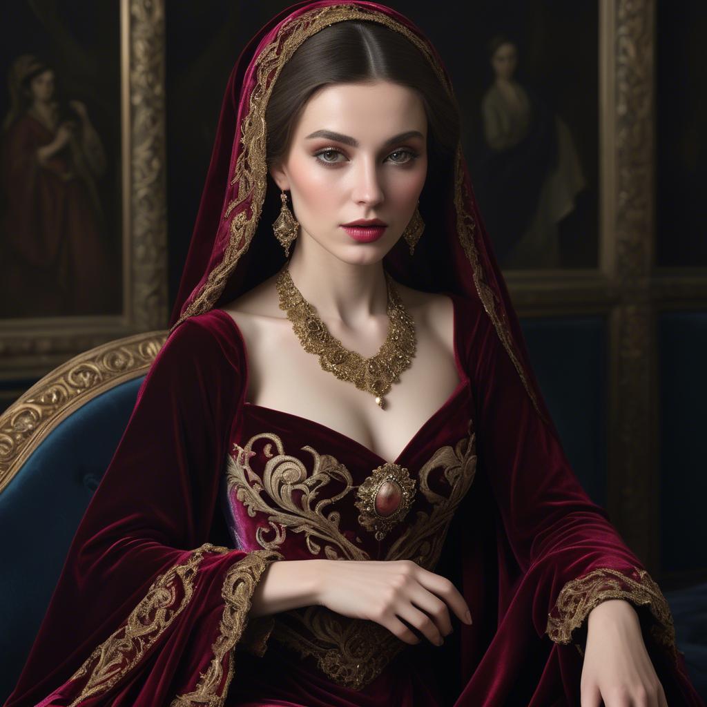A stunning image of georgian enchantress draped in sumptuous velvet reflecting a blend of east and west.