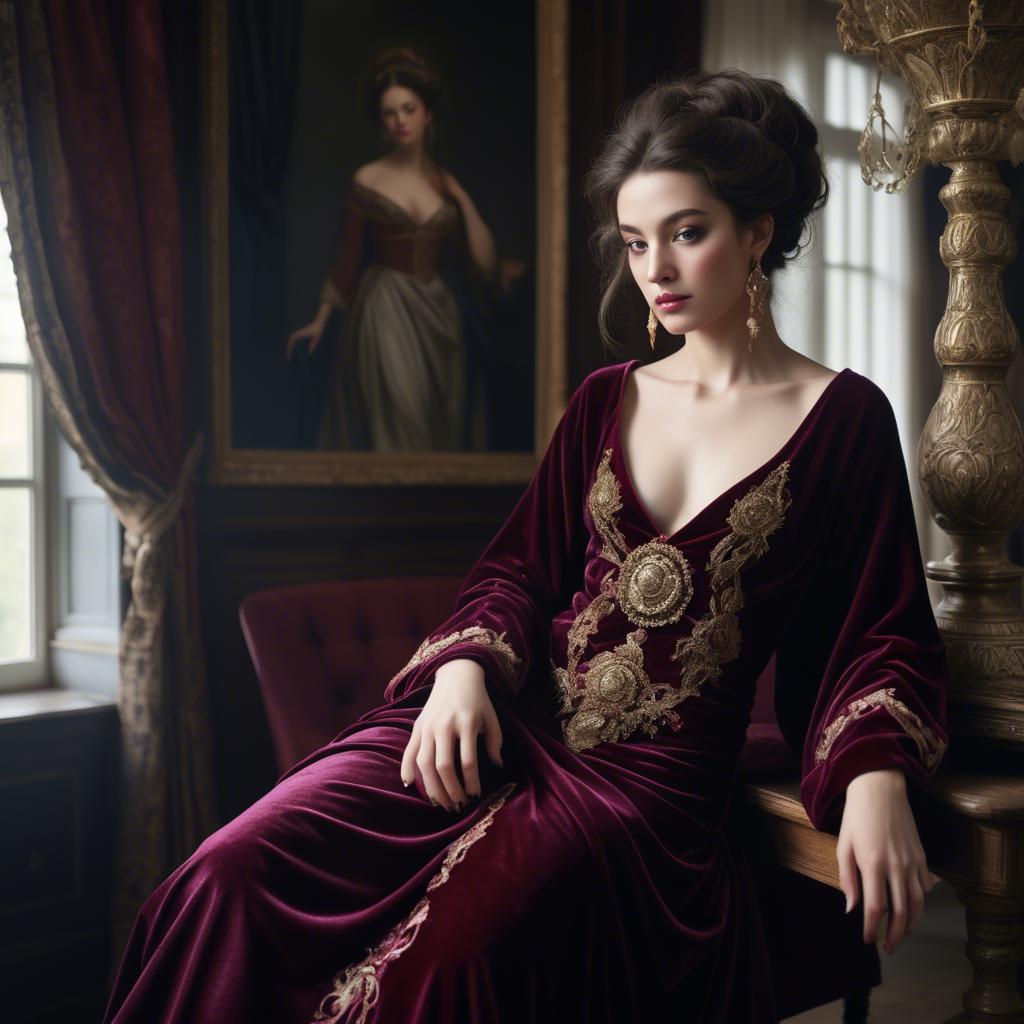 A stunning image of georgian enchantress draped in sumptuous velvet reflecting a blend of east and west.