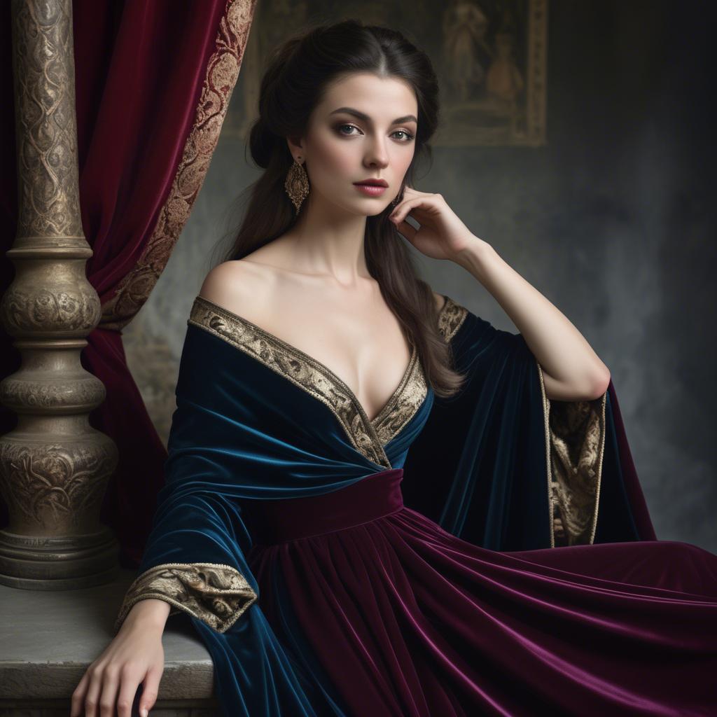 A stunning image of georgian enchantress draped in sumptuous velvet reflecting a blend of east and west.