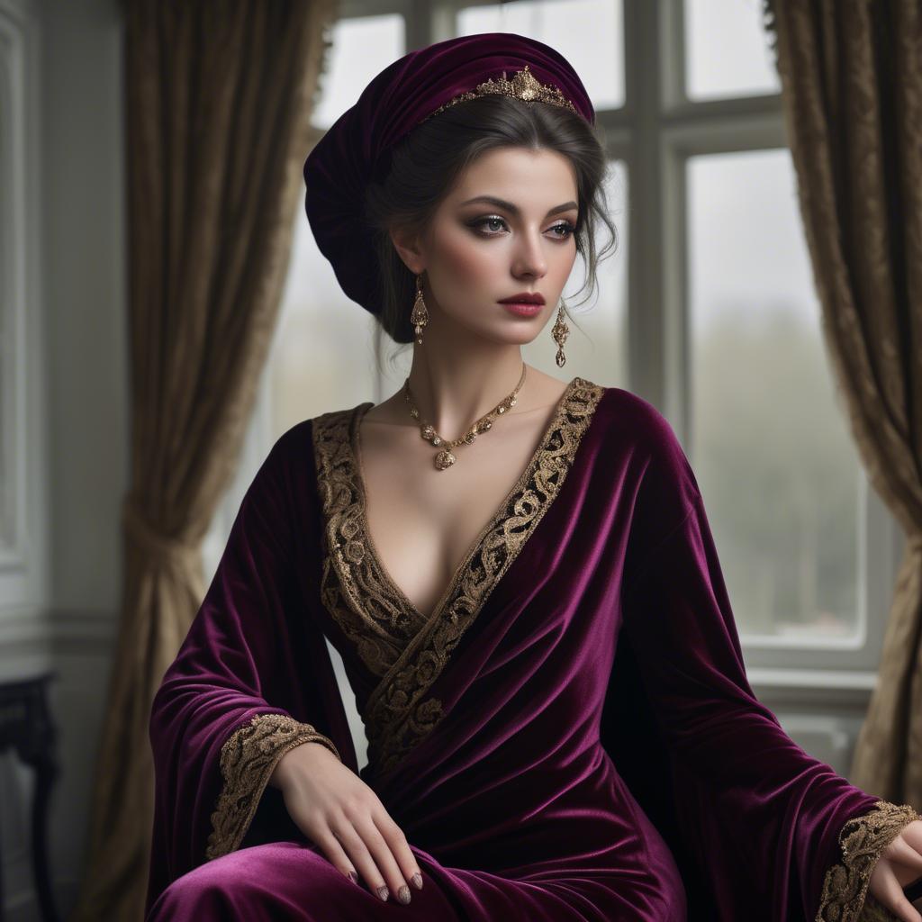 A stunning image of georgian enchantress draped in sumptuous velvet reflecting a blend of east and west.