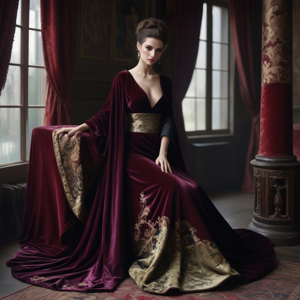 A stunning image of georgian enchantress draped in sumptuous velvet reflecting a blend of east and west.