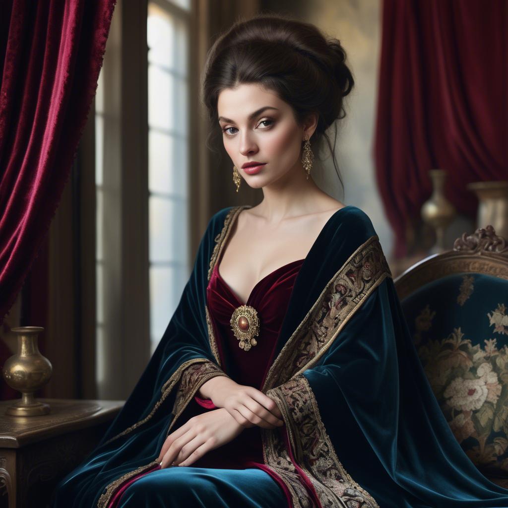 A stunning image of georgian enchantress draped in sumptuous velvet reflecting a blend of east and west.