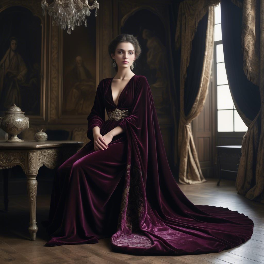 A stunning image of georgian enchantress draped in sumptuous velvet reflecting a blend of east and west.