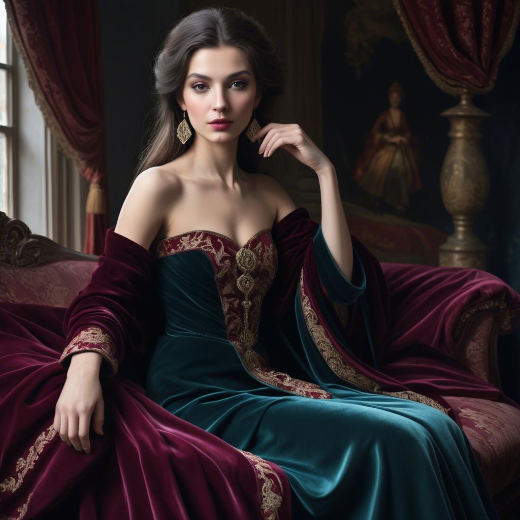 A stunning image of georgian enchantress draped in sumptuous velvet reflecting a blend of east and west.