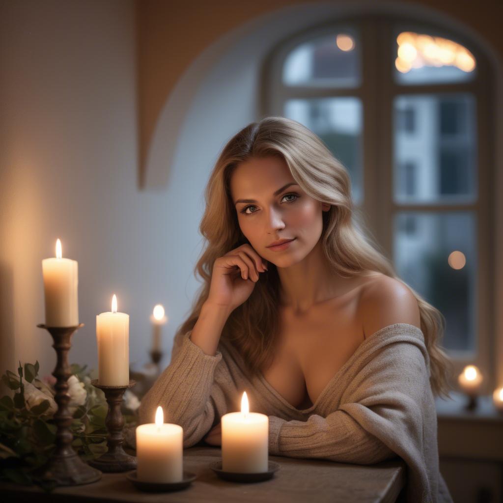 A stunning image of german beauty in soft candlelit surroundings.