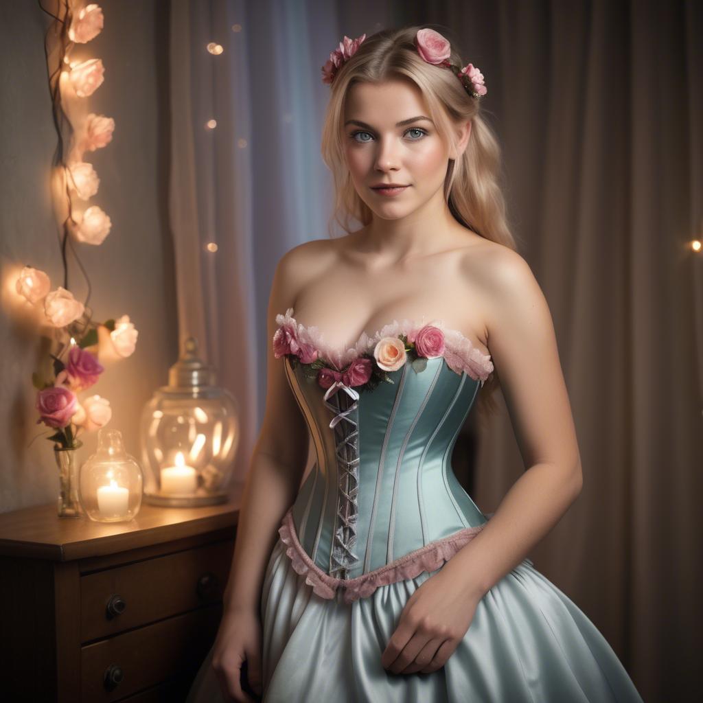 A stunning image of german stunner under fairy-light ambiance wearing a satin corset with floral details.