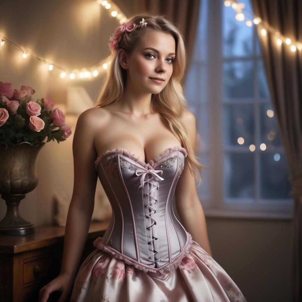 A stunning image of german stunner under fairy-light ambiance wearing a satin corset with floral details.
