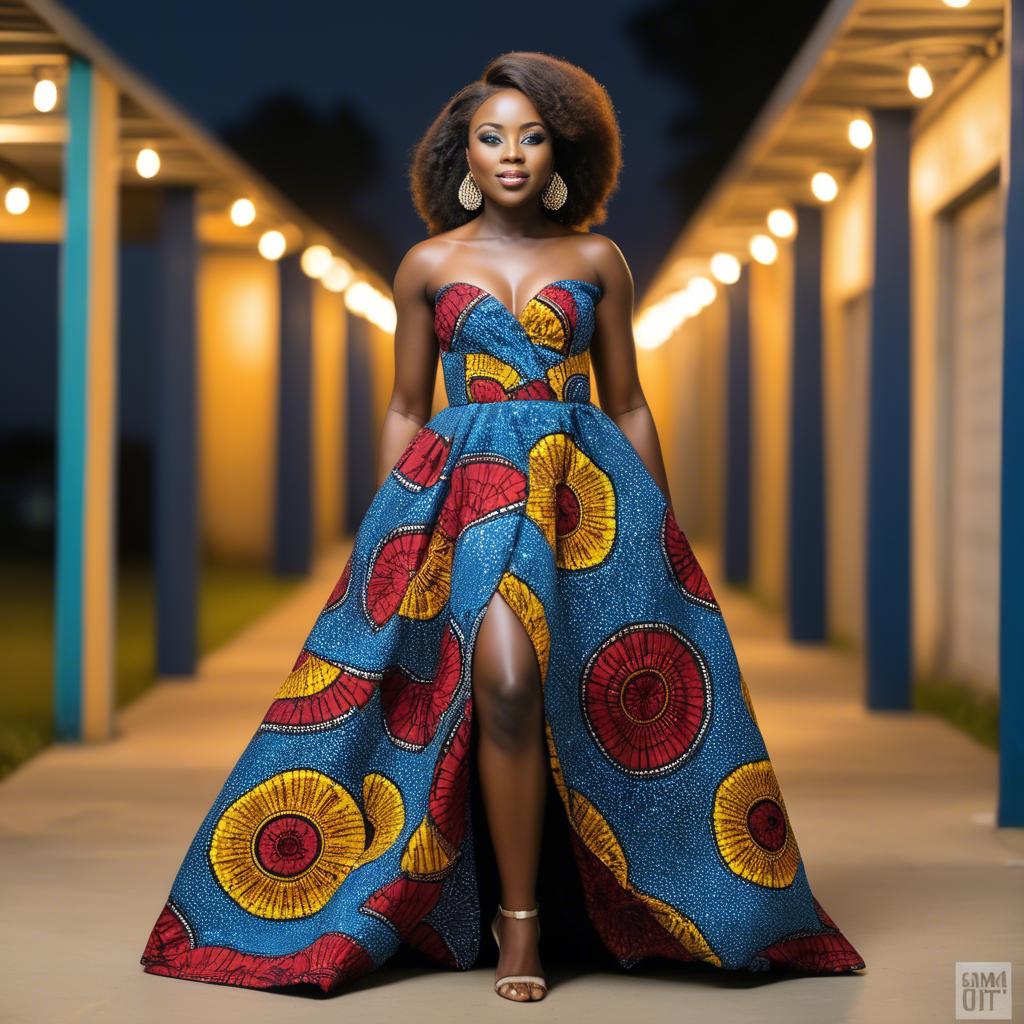A stunning image of ghanaian enchantress rocking a colorful ankara gown showcased under sophisticated lights.