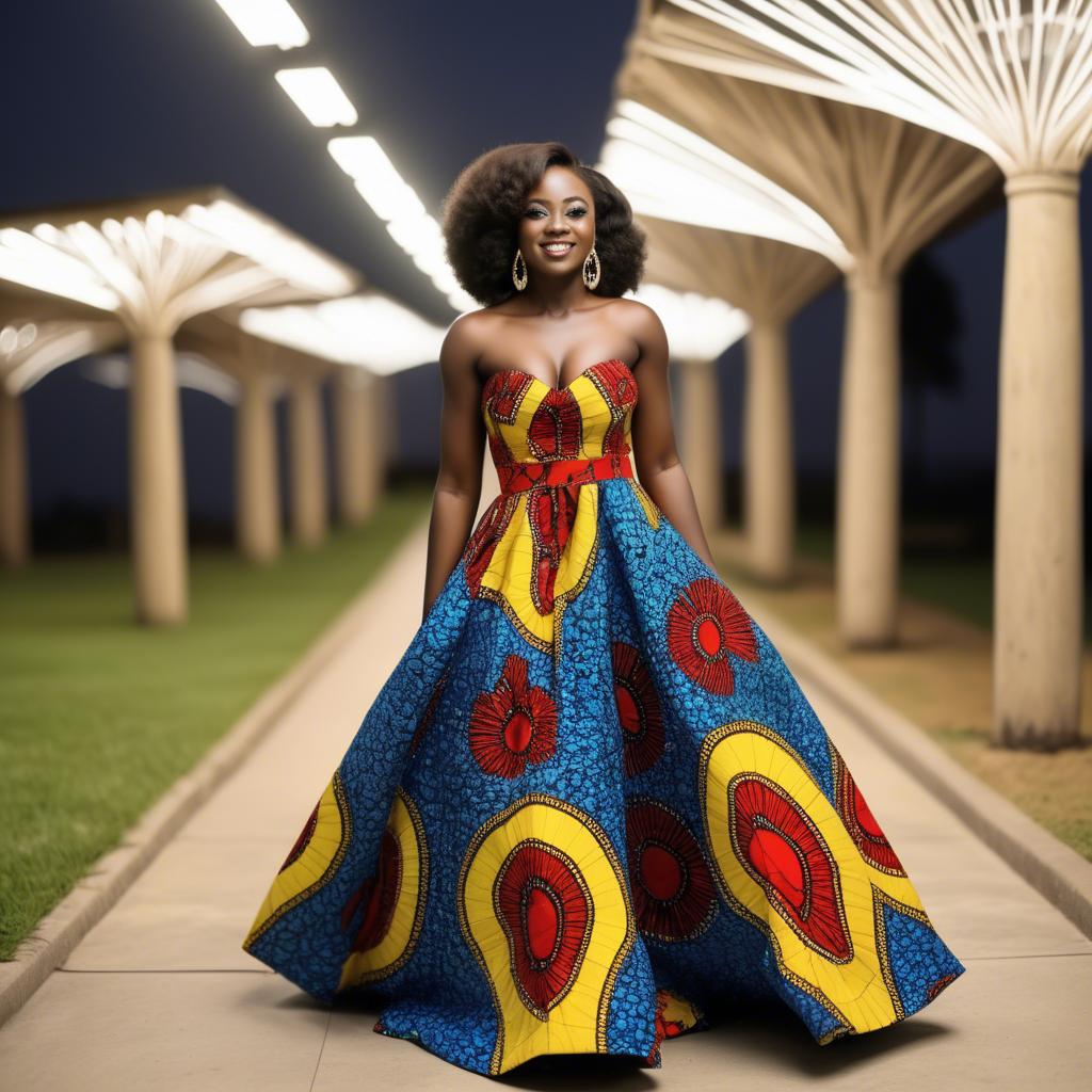 A stunning image of ghanaian enchantress rocking a colorful ankara gown showcased under sophisticated lights.