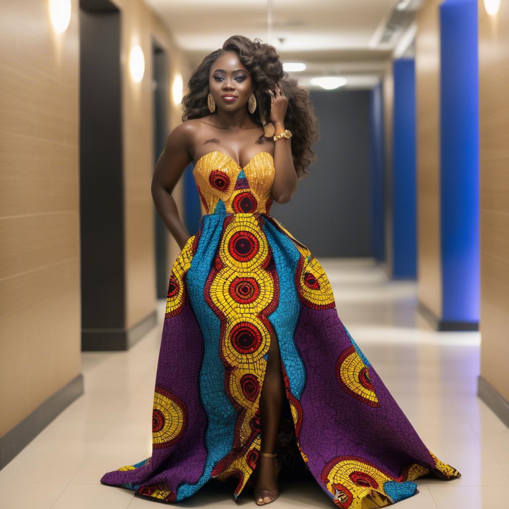 A stunning image of ghanaian enchantress rocking a colorful ankara gown showcased under sophisticated lights.