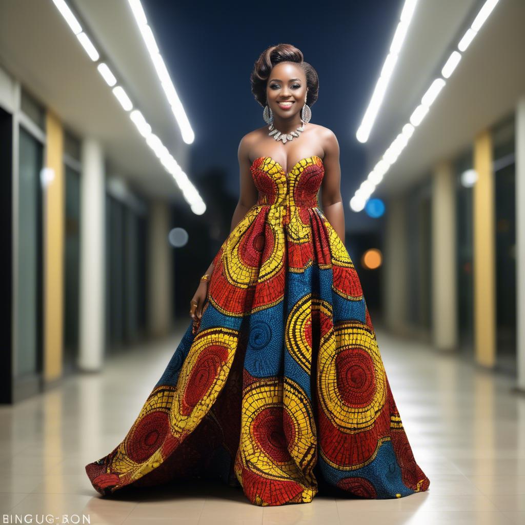 A stunning image of ghanaian enchantress rocking a colorful ankara gown showcased under sophisticated lights.