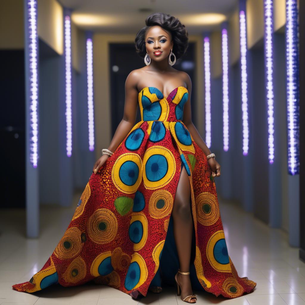 A stunning image of ghanaian enchantress rocking a colorful ankara gown showcased under sophisticated lights.
