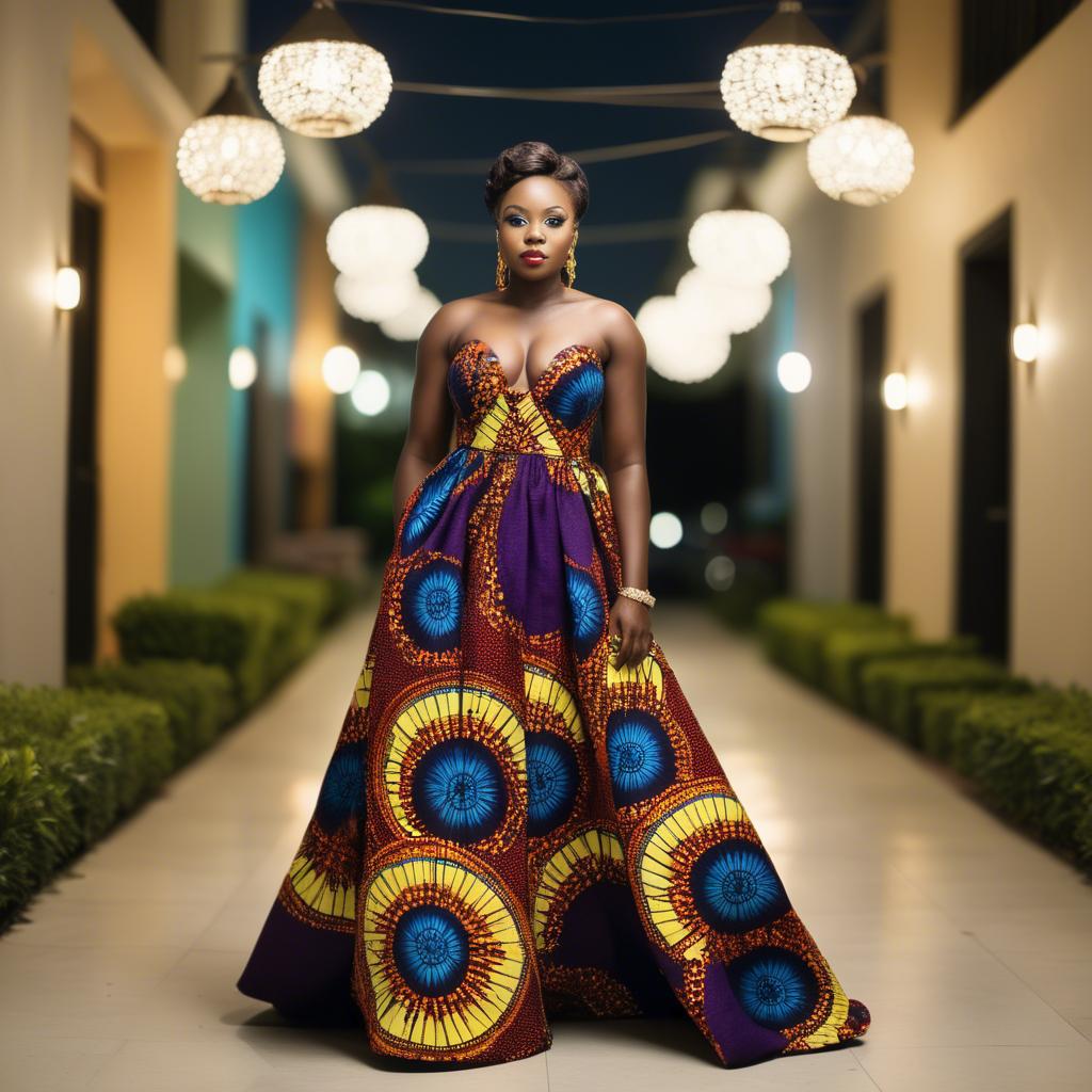 A stunning image of ghanaian enchantress rocking a colorful ankara gown showcased under sophisticated lights.