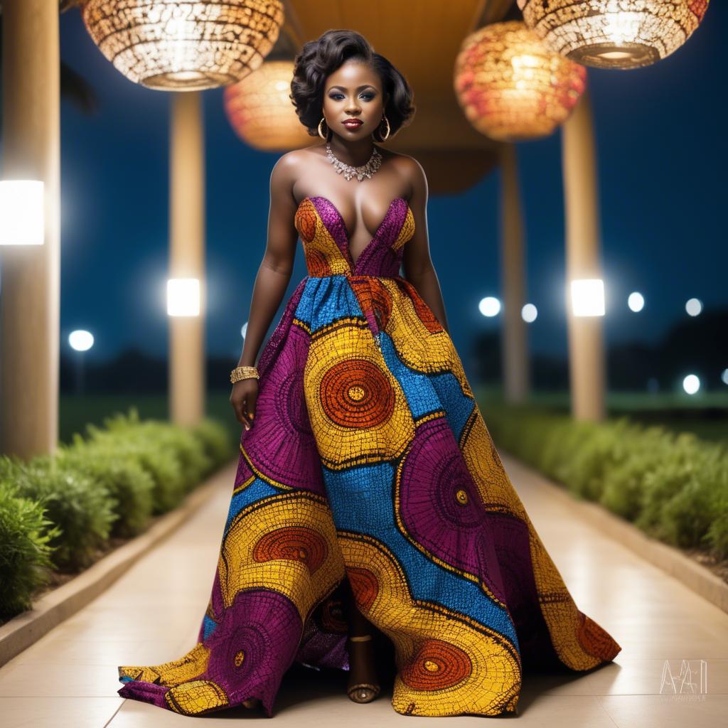 A stunning image of ghanaian enchantress rocking a colorful ankara gown showcased under sophisticated lights.