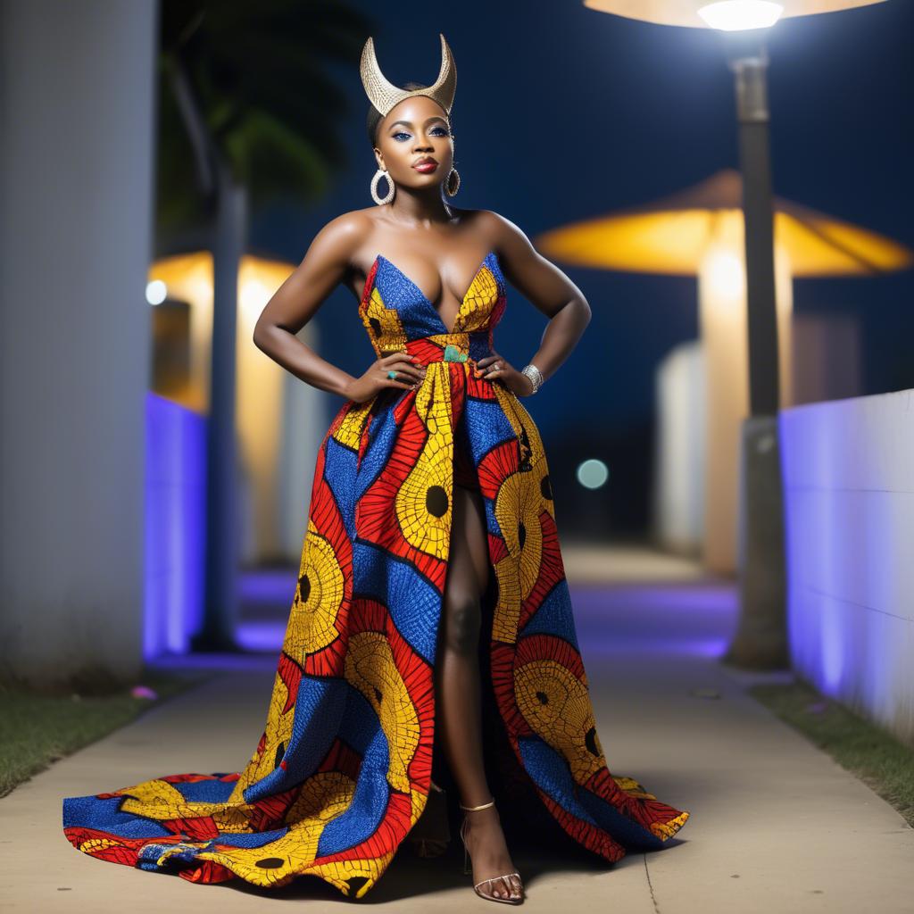 A stunning image of ghanaian enchantress rocking a colorful ankara gown showcased under sophisticated lights.