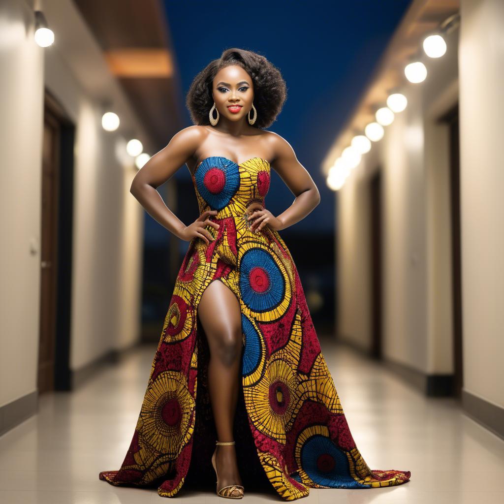 A stunning image of ghanaian enchantress rocking a colorful ankara gown showcased under sophisticated lights.