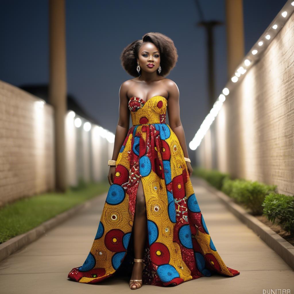 A stunning image of ghanaian enchantress rocking a colorful ankara gown showcased under sophisticated lights.