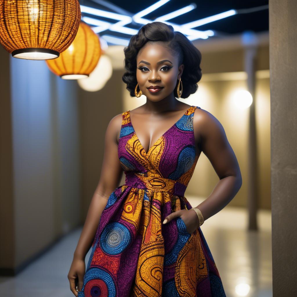 A stunning image of ghanaian enchantress rocking a colorful ankara gown showcased under sophisticated lights.