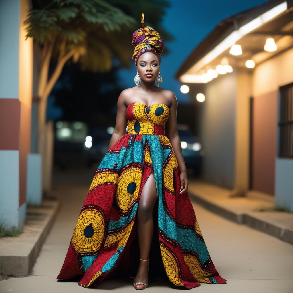 A stunning image of ghanaian enchantress rocking a colorful ankara gown showcased under sophisticated lights.