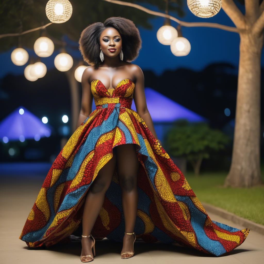 A stunning image of ghanaian enchantress rocking a colorful ankara gown showcased under sophisticated lights.