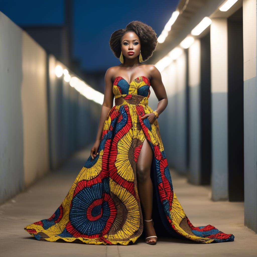 A stunning image of ghanaian enchantress rocking a colorful ankara gown showcased under sophisticated lights.