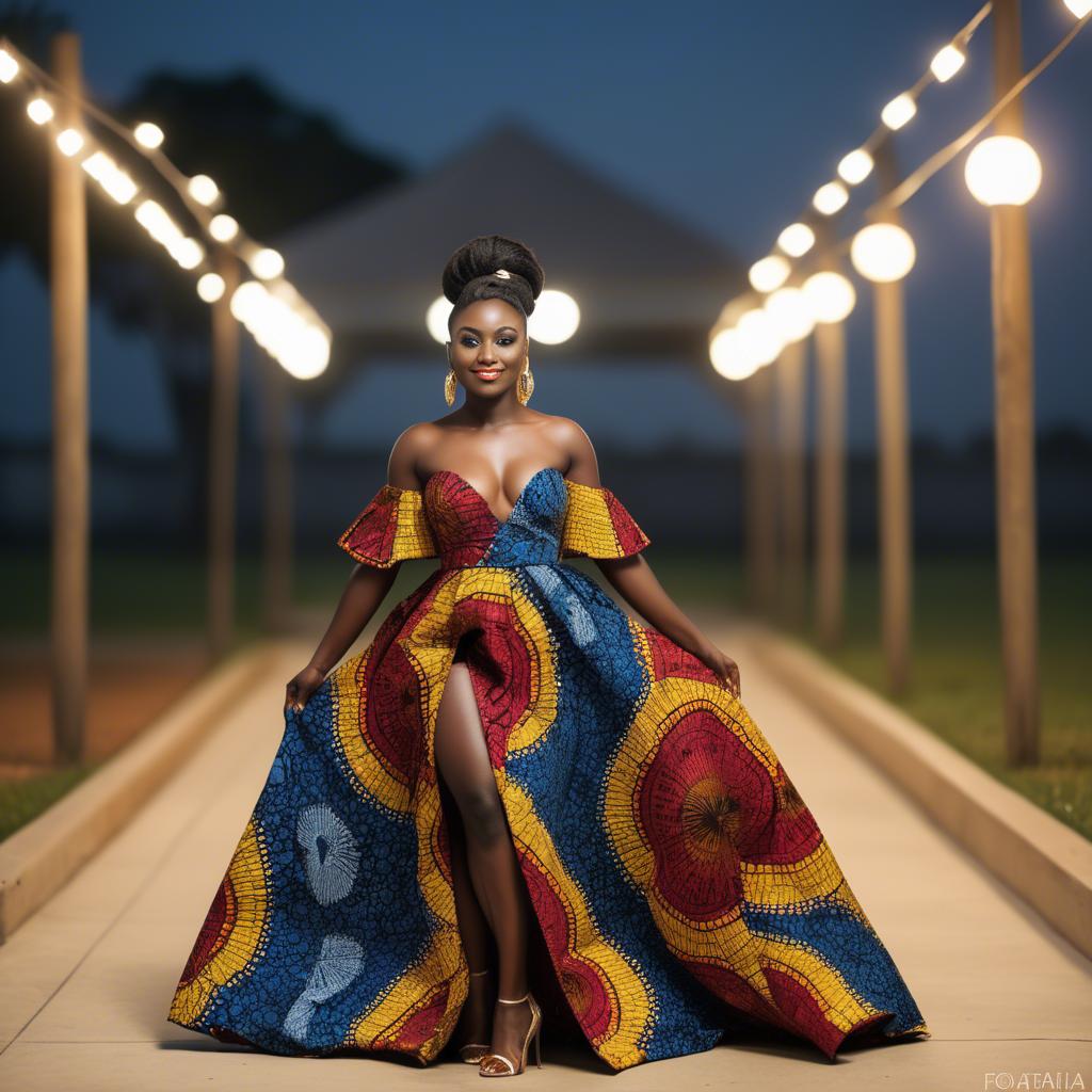 A stunning image of ghanaian enchantress rocking a colorful ankara gown showcased under sophisticated lights.
