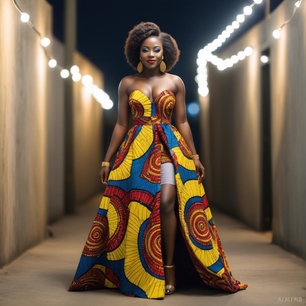 A stunning image of ghanaian enchantress rocking a colorful ankara gown showcased under sophisticated lights.