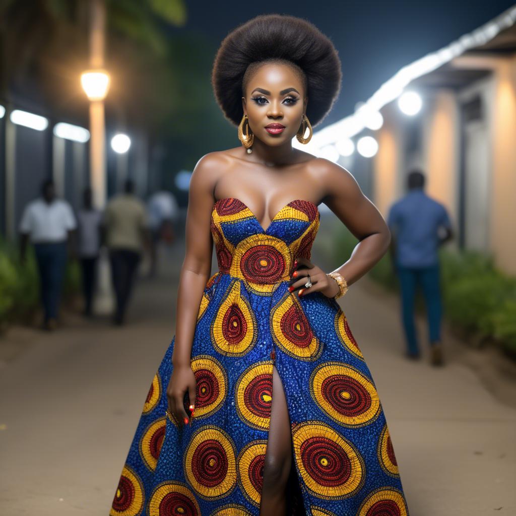 A stunning image of ghanaian enchantress rocking a colorful ankara gown showcased under sophisticated lights.