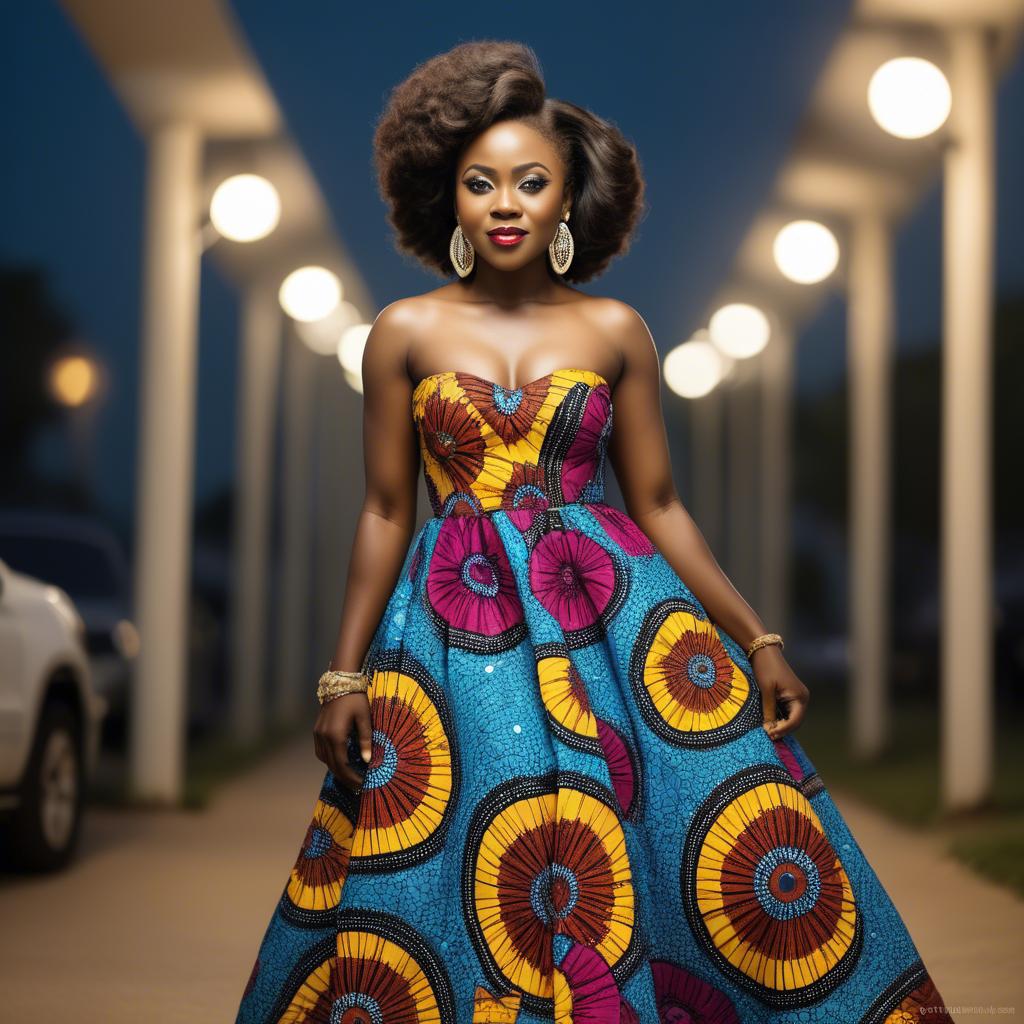 A stunning image of ghanaian enchantress rocking a colorful ankara gown showcased under sophisticated lights.