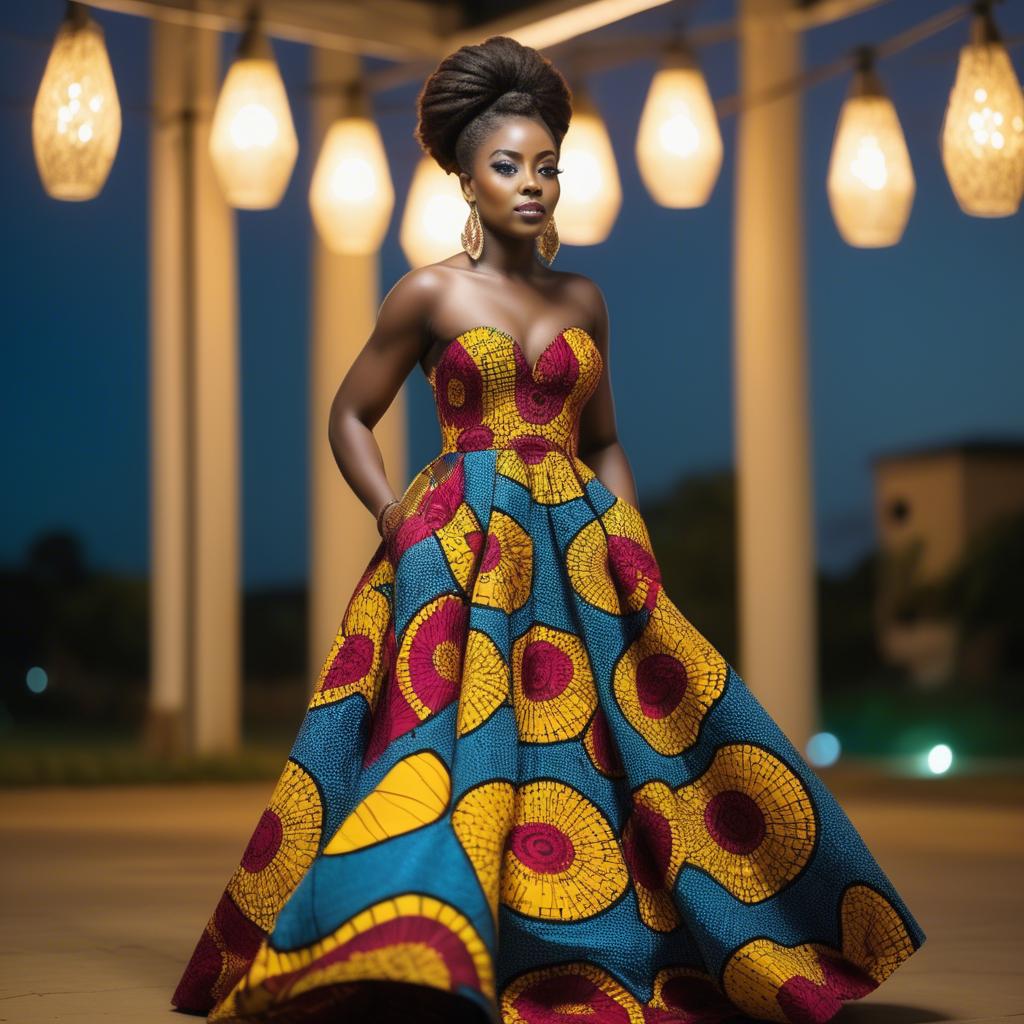 A stunning image of ghanaian enchantress rocking a colorful ankara gown showcased under sophisticated lights.