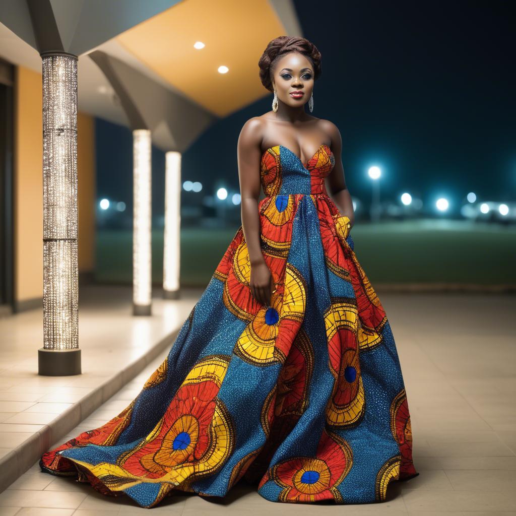 A stunning image of ghanaian enchantress rocking a colorful ankara gown showcased under sophisticated lights.