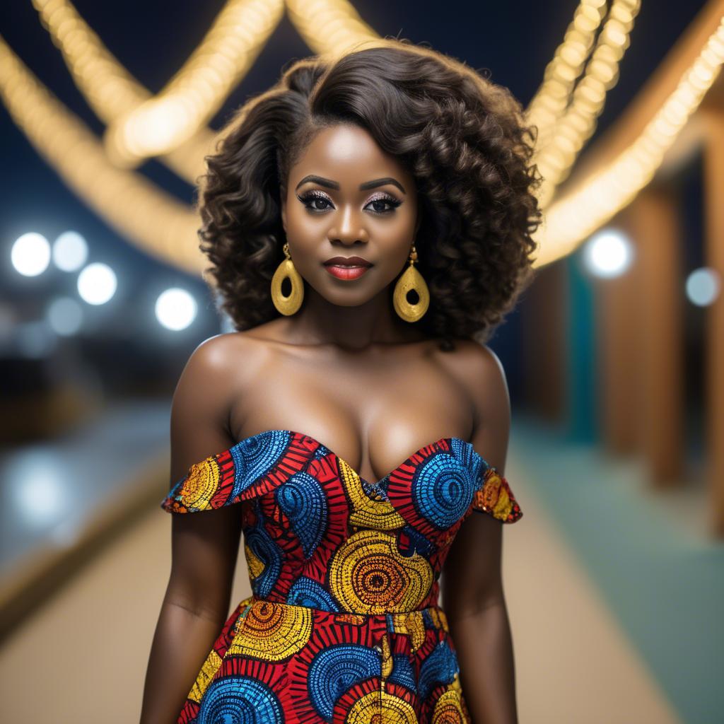 A stunning image of ghanaian enchantress rocking a colorful ankara gown showcased under sophisticated lights.